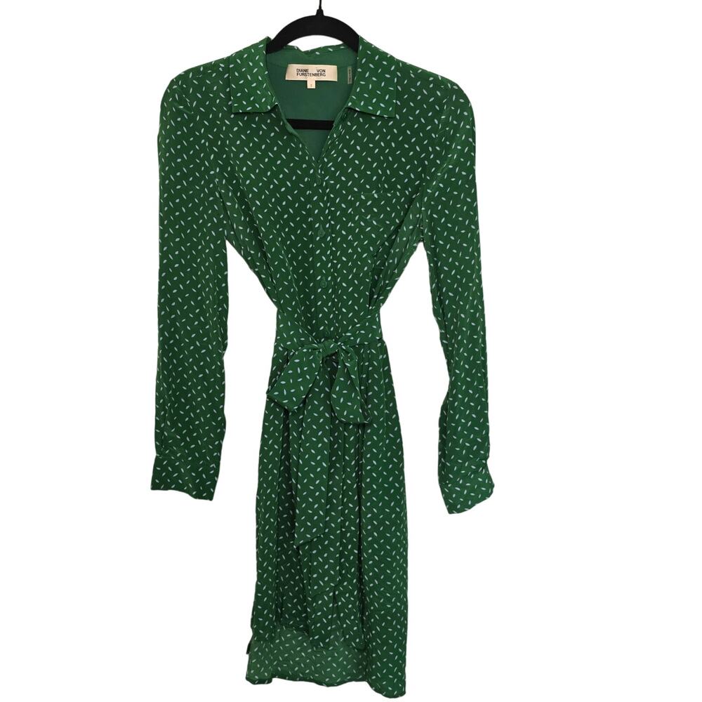 Diane Von Furstenberg DVF Green Blue Silk Button Down Collared Shirt Dress Sz 2